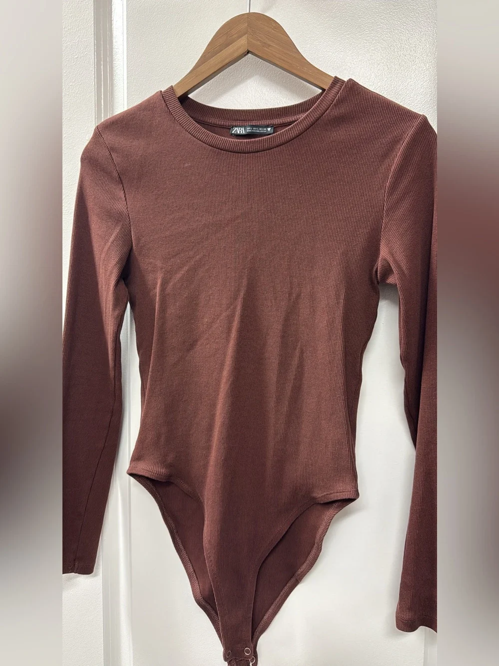 Zara Long-Sleeve Ribbed Bodysuit in Chestnut Brown